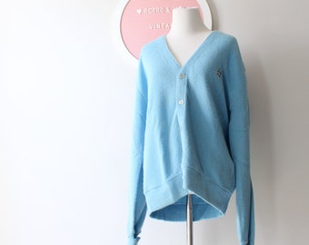 Vintage Blue Mid Century Cardigan Sweater....large. designer. knit. retro. mod. vneck sweater. bright. nautical. preppy. penguin