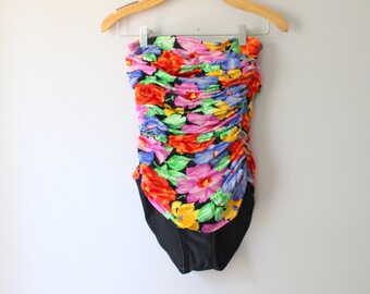 Traje de baño de algodón con estampado floral de los años 80: Traje de baño colorido (Talla S-M)