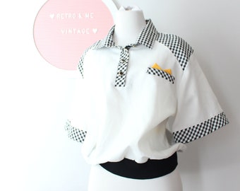 Vintage 80s Checkered Blouse: Black, White & Yellow, L/XL