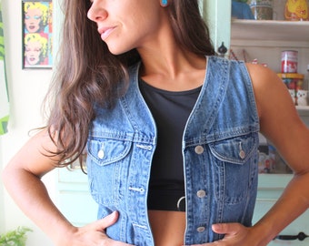 1990s HIP Jean Jacket GAP Vest.crop. biker chic. blue jean jacket. killer. rad. 80s glam. hippie. costume. 90s. novelty. acid wash