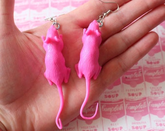 The RAT Earrings....hot pink. neon. spooky. halloween. novelty. weird. creepy. retro. goth. freaky. rodent. plastic toy. rat earrings. mouse