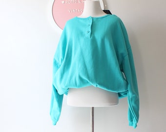 1990s  Teal Crop Sweatshirt: Boho Slouchy Top, Size Large