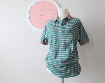 1970s Vintage Striped Polo Shirt: Green Tan Retro Collared Top