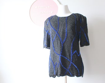 1980s Vintage SEQUINED Jazz Top....fancy. blue. black. fabulous. dazzle. gorgeous. beaded. designer. black. new years. fancy costume. blouse