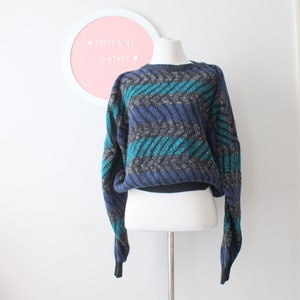 1980s Geometric Acrylic Sweater: Retro Striped Knit, Large/XLarge