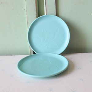 Vintage Atomic Blue Dessert Plates: 1960s Mod Garden Set of 2