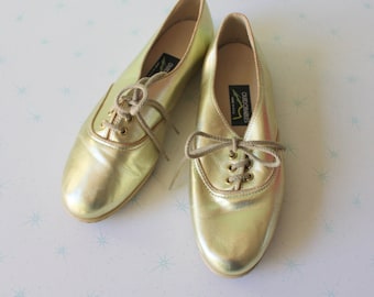 1980s Goldene Leder Schnürschuhe Ballerinas - Vintage Schimmer Schuhe - Damenschuhe 3,5