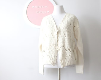 Vintage Knit Cardigan: Cream Cotton Blend, Size Small