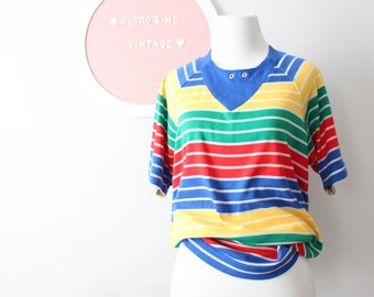 1980s Vintage RAINBOW Top...small. medium. blue. mod. blouse. vintage blouse. yellow. soho. fancy. rainbow. red. blue. green. striped