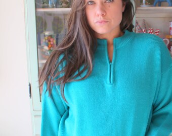 Vintage Teal Knit Sweater: 1970s-80s Small Boho Pullover
