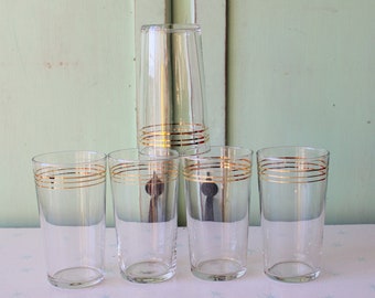 1970s Gold Band Juice Glasses - Retro Kitchen Glassware Set of 5