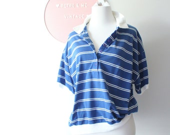 1980s Blue Striped Cotton Top: Kitsch Vintage Sweatshirt