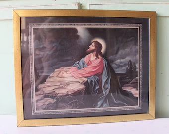 1960s Vintage Jesus Picture: Golden Glass Frame Religious Art