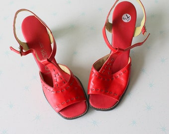 1960s Red Vtg Sling Back Peep Toed Heels....size 7.5 women....party. mod. classic. valentine. retro. designer. hollywood. designer vintage