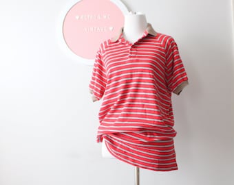 1970s Vintage Striped Polo Shirt: Red Retro Button Down