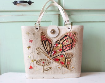 Borsa vintage in legno con farfalla e gioielli - Glam Mod anni '60