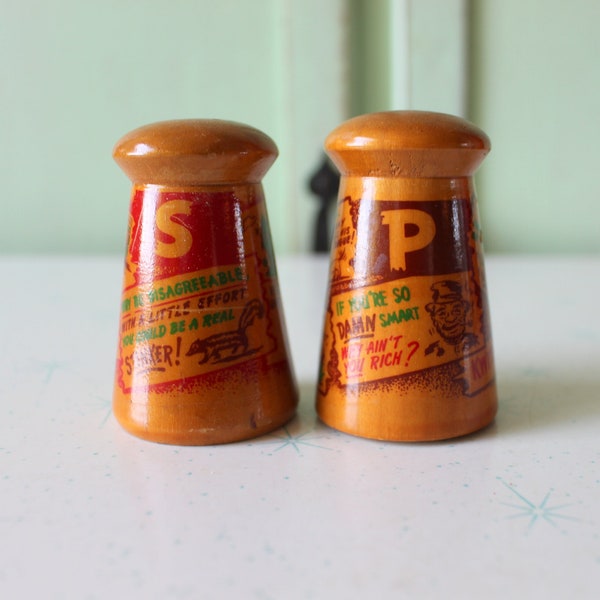 Vintage ATOMIC Salt and Pepper Shakers.....s and p. kitchen. kitschy. retro housewares. serving. eat. wooden. retro. housewarming. unisex.