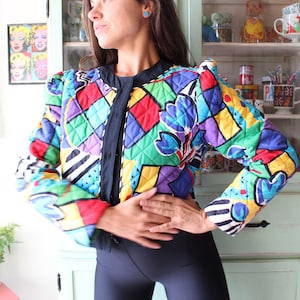 Vintage 80s Rainbow Quilted Blazer: Pearl Buttons, Small/Medium