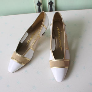 1980s White & Gold Heels: Glam Rocker Pumps, Size 8.5