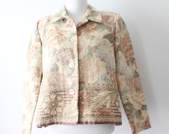 1980s Floral Fabric Coat..small. medium. fabric. tan. rad. 80s glam. hippie. costume. 1990s. novelty. floral. womens. collared jacket. beige