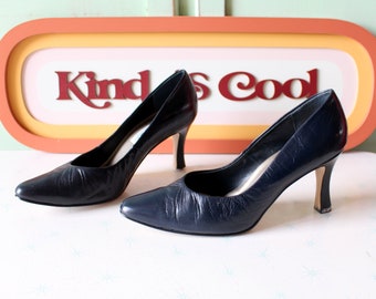Black Leather Heels - 1980s Party Pumps - Size 7