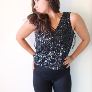 80s Sequin Party Vest: Black Sleeveless Vintage Top