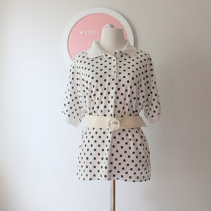 Vintage Polka Dot Blouse Tee Top....womens. black and white. mod. costume. blouse. womens. ladies. vintage blouse. flowy top. fancy