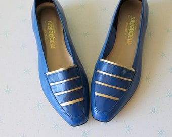 Mocassini in pelle blu anni '60 - Scarpe Magdesians con dettagli dorati - Taglia 8.5