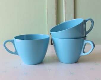 Vintage Something BLUE Retro Set of 3...mug. blue cup. drink. coffee. tea. bright. 1970s. 1960s. kitsch. drinking, serving. espresso. kitsch