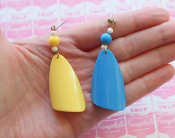 1980s Vintage Mismatched Fun Set of Earrings.....oval. dangly. funky. yellow. blue. 980s glam. sexy. 80s costume. rad. rocker. glam. party