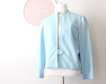 Vintage BABY BLUE Blazer Jacket...size large...leslie faye. gogo. solid. holiday. mod. twiggy. retro. womens. kooky. wedding. party.