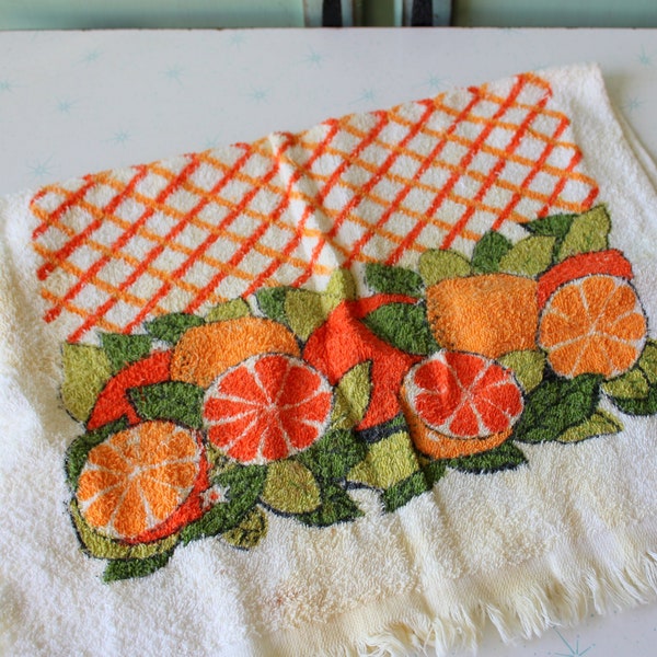 Vintage 1960s 1970s Fruit Orange Kitchen Decorative Dish Towel...vintage table linen. retro. mod. mid century. checkered print. 60s 70s home