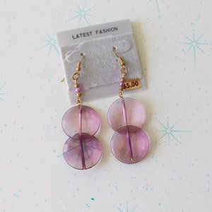 Vintage 80s Purple Disc Drop Earrings: Pierced Costume Jewelry