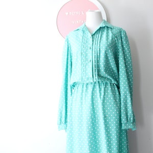 1980s Vintage Polka Dot Dress: Teal Blue, Large/XLarge