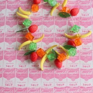 1980s FRUIT Bracelet..banana. berries. kitsch. retro. jewelry. kitschy charms. costume party. novelty. cute. kawaii. kooky. colorful. artsy