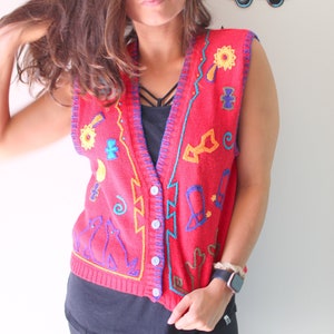 1970s Geometric Knit Sweater Vest: Red Acrylic, Large
