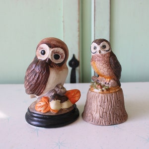 1970s Retro Owl Figurines: Kitsch Ceramic Home Decor Set