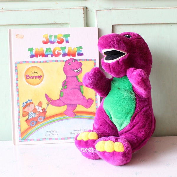 Vintage BARNEY Dino Doll and Book Lot....1990s. kids. children. television. tv show. kids. cartoon. dinosaur. i love you. you love me. happy