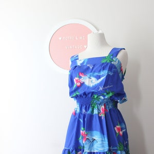 1970s Hawaiian Floral Dress: Blue Mod Vacation Sundress (Size Small to Medium)