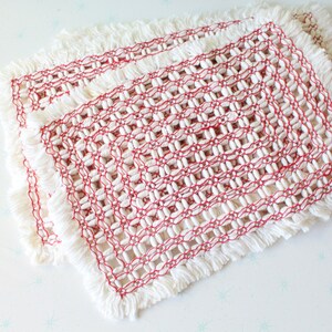 1970s Vintage Fringe Placemats: Retro Red Yarn Table Linens, Set of 5