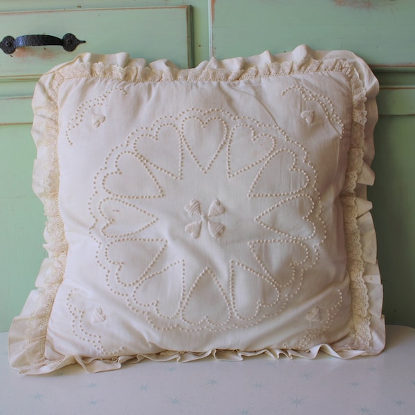 80s Vintage Ruffled Heart Lace Ribbon Shabby Chic Dainty Throw Pillow...bedding. couch. girls. kitsch. country. cute. housewarming gift