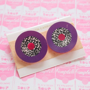 1980s Vintage SPECKLED Oversized Killer Earrings...NOS. retro accessories. mod. geometric. bright. red and purple. pierced ears.