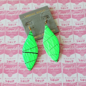 1980s Neon Green Dangle Earrings: Geometric Costume Jewelry