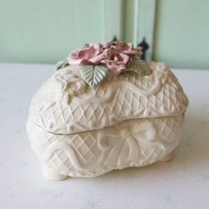 Vintage 1980s Pink Rose Ceramic Box: Powder Room Decor