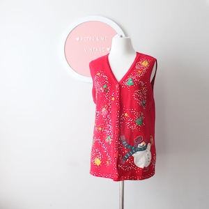 90s Vintage Kitsch Christmas Sweater Vest: Beaded Holiday Novelty (Small/Medium)
