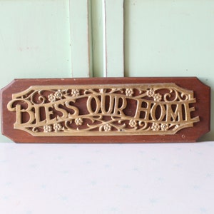 Vintage 70s Bless Our Home Wooden Sign - Retro Housewarming Decor