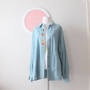 Vintage 1980s Denim Pumpkin Blouse: Autumn Button-Down Top (L-XL)