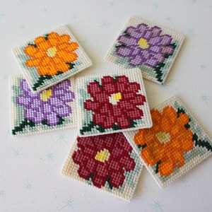 Vintage 1970s Floral Yarn Coasters - Set of 6