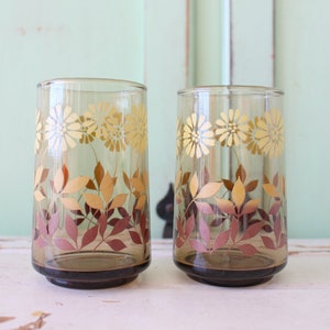 1970s Floral Juice Glasses - Retro Kitchen Glassware Set of 2