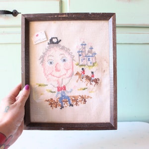 Vintage 1960s Nursery Wall Art: Framed Cross Stitch Picture (9x11)